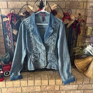 Stylish Blue Denim Jacket with Ruffle Details